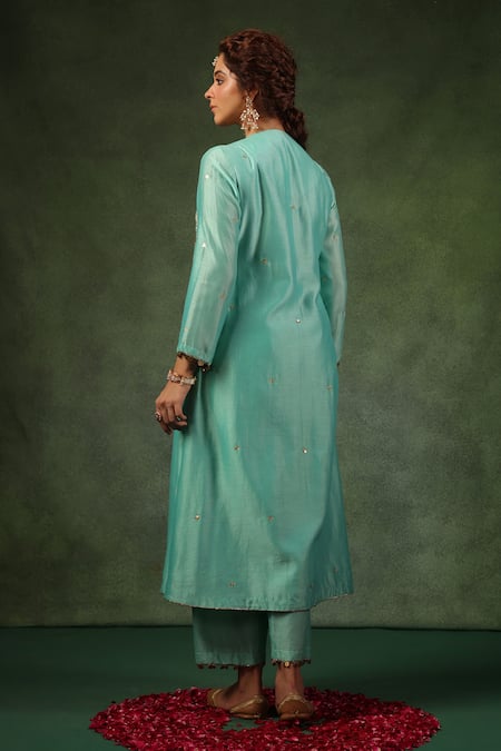 Shop_Label Niti Bothra_Blue Chanderi Silk Sequins, Zari, Embroidery Round Zardozi Kurta And Pant Set _at_Aza_Fashions