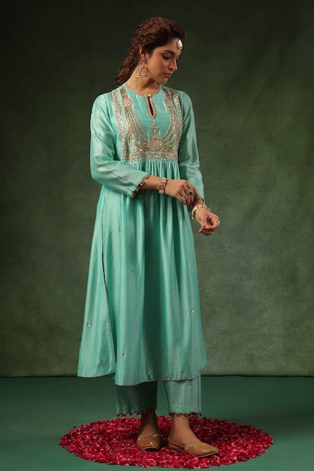 Label Niti Bothra_Blue Chanderi Silk Sequins, Zari, Embroidery Round Zardozi Kurta And Pant Set _Online_at_Aza_Fashions