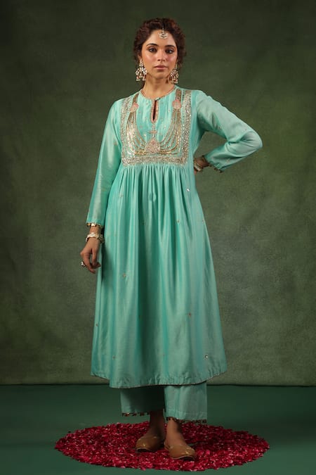 Buy_Label Niti Bothra_Blue Chanderi Silk Sequins, Zari, Embroidery Round Zardozi Kurta And Pant Set _Online_at_Aza_Fashions