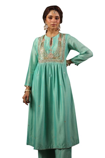 Shop Label Niti Bothra Blue Chanderi Silk Sequins, Zari, Embroidery Round Zardozi Kurta And Pant Set Online at Aza Fashions Shop_Label Niti Bothra_Blue Chanderi Silk Sequins, Zari, Embroidery Round Zardozi Kurta And Pant Set _Online_at_Aza_Fashions