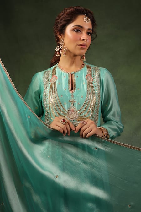 Buy_Label Niti Bothra_Blue Chanderi Silk Sequins, Zari, Embroidery Round Zardozi Kurta And Pant Set 
