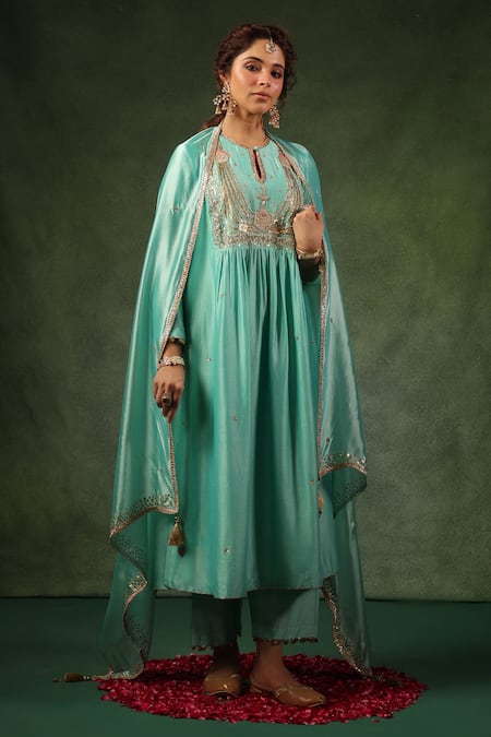 Shop Label Niti Bothra Blue Chanderi Silk Sequins, Zari, Embroidery Round Zardozi Kurta And Pant Set Shop_Label Niti Bothra_Blue Chanderi Silk Sequins, Zari, Embroidery Round Zardozi Kurta And Pant Set