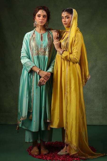 Label Niti Bothra_Yellow Chanderi Silk Sequins, Zari, Embroidery Zardozi Kurta And Pant Set _Online_at_Aza_Fashions