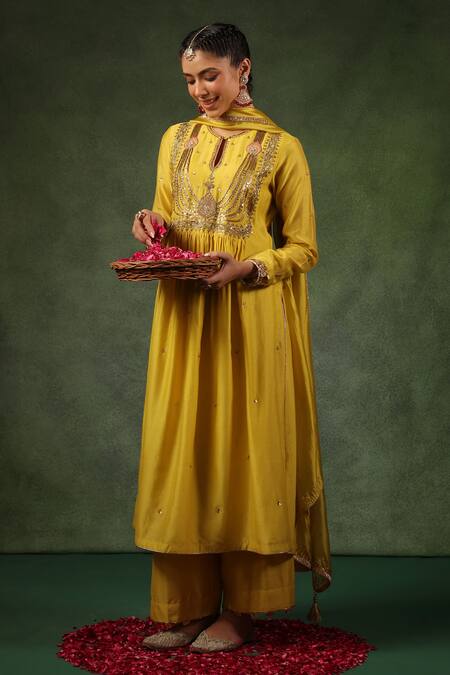 Shop_Label Niti Bothra_Yellow Chanderi Silk Sequins, Zari, Embroidery Zardozi Kurta And Pant Set 