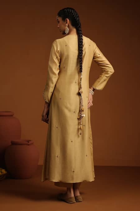 Shop_Label Niti Bothra_Gold Chanderi Silk Zari, Sequins, Tassels Floral Zardozi Anarkali And Pant Set _at_Aza_Fashions