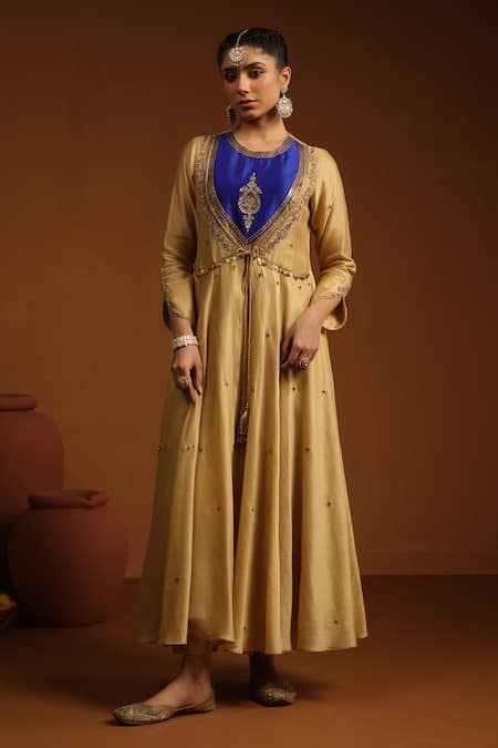 Label Niti Bothra_Gold Chanderi Silk Zari, Sequins, Tassels Floral Zardozi Anarkali And Pant Set _Online_at_Aza_Fashions