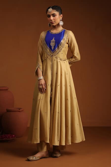 Shop_Label Niti Bothra_Gold Chanderi Silk Zari, Sequins, Tassels Floral Zardozi Anarkali And Pant Set _Online_at_Aza_Fashions