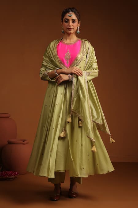 Label Niti Bothra Green Anarkali And Pant Chanderi Silk Embroidery Colorblock Angrakha Set 