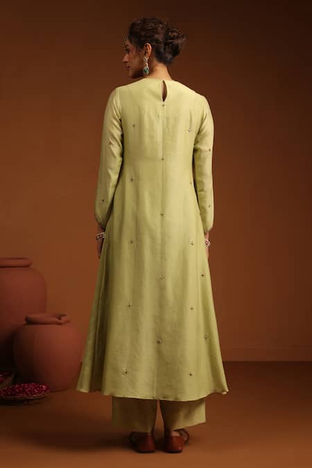 Shop_Label Niti Bothra_Green Chanderi Silk Zari, Sequins, Colorblock Zardozi Embroidered Angrakha Set _at_Aza_Fashions