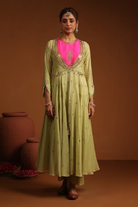 Label Niti Bothra_Green Chanderi Silk Zari, Sequins, Colorblock Zardozi Embroidered Angrakha Set _Online_at_Aza_Fashions