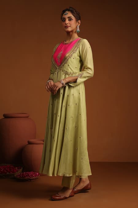 Buy_Label Niti Bothra_Green Chanderi Silk Zari, Sequins, Colorblock Zardozi Embroidered Angrakha Set _Online_at_Aza_Fashions