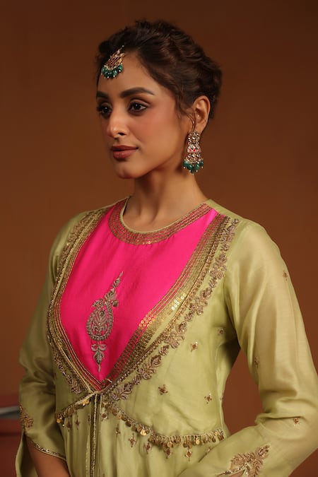 Shop_Label Niti Bothra_Green Chanderi Silk Zari, Sequins, Colorblock Zardozi Embroidered Angrakha Set _Online_at_Aza_Fashions