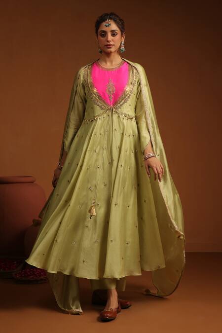 Label Niti Bothra_Green Chanderi Silk Zari, Sequins, Colorblock Zardozi Embroidered Angrakha Set _at_Aza_Fashions