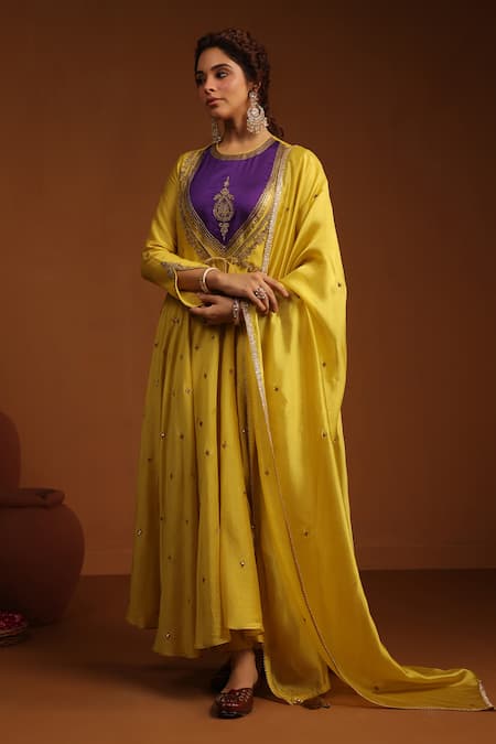 Label Niti Bothra Yellow Anarkali And Pant Chanderi Silk Embroidery Zardozi Round Angrakha Set 