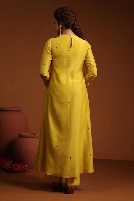 Shop_Label Niti Bothra_Yellow Chanderi Silk Zari, Sequins Floral Zardozi Angrakha Anarkali And Pant Set _at_Aza_Fashions