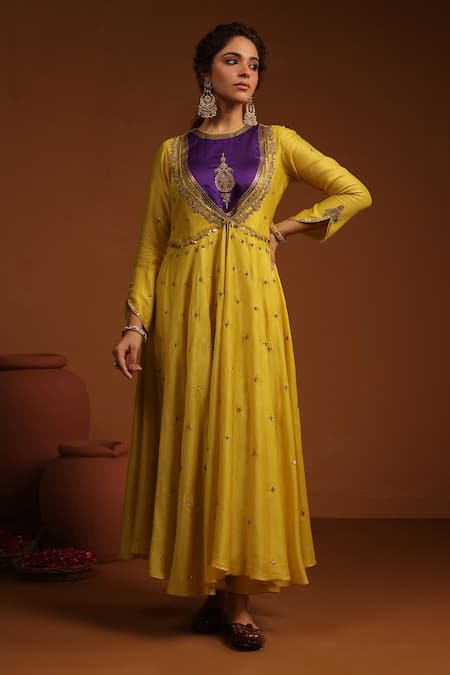 Label Niti Bothra_Yellow Chanderi Silk Zari, Sequins Floral Zardozi Angrakha Anarkali And Pant Set _Online_at_Aza_Fashions