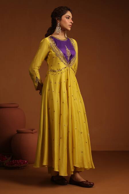 Buy_Label Niti Bothra_Yellow Chanderi Silk Zari, Sequins Floral Zardozi Angrakha Anarkali And Pant Set _Online_at_Aza_Fashions