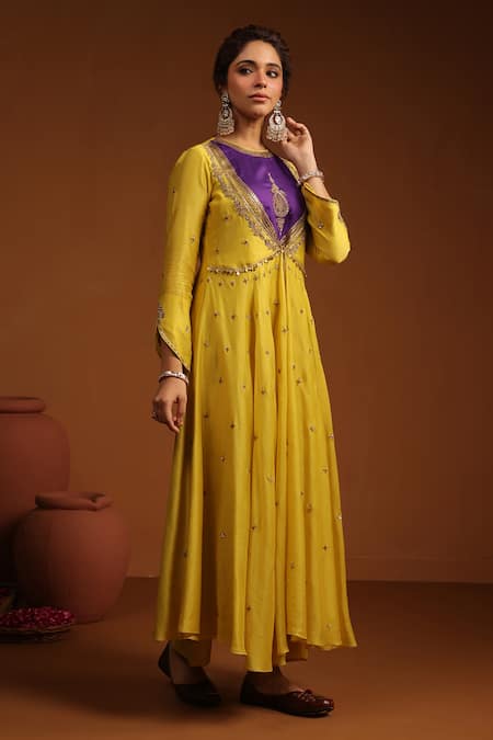 Shop_Label Niti Bothra_Yellow Chanderi Silk Zari, Sequins Floral Zardozi Angrakha Anarkali And Pant Set _Online_at_Aza_Fashions