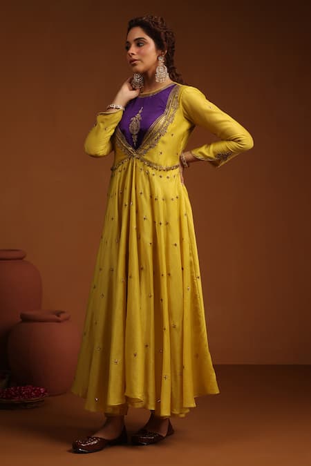 Label Niti Bothra_Yellow Chanderi Silk Zari, Sequins Floral Zardozi Angrakha Anarkali And Pant Set _at_Aza_Fashions
