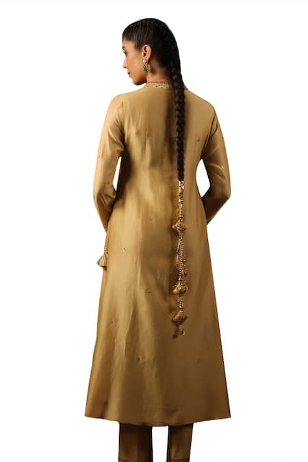 Label Niti Bothra Gold Chanderi Silk Sequins, Zari, Embroidery Round Leaf Butta Kurta And Pant Set Online at Aza Fashions Label Niti Bothra_Gold Chanderi Silk Sequins, Zari, Embroidery Round Leaf Butta Kurta And Pant Set _Online_at_Aza_Fashions