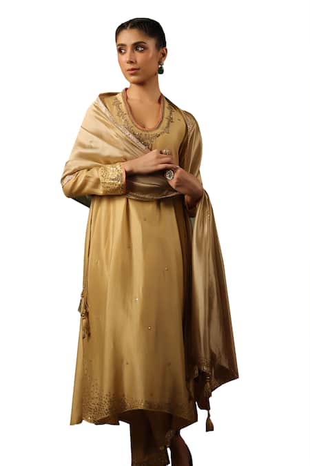 Shop Label Niti Bothra Gold Chanderi Silk Sequins, Zari, Embroidery Round Leaf Butta Kurta And Pant Set Shop_Label Niti Bothra_Gold Chanderi Silk Sequins, Zari, Embroidery Round Leaf Butta Kurta And Pant Set