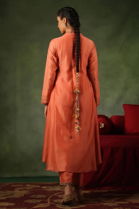 Shop_Label Niti Bothra_Peach Chanderi Silk Embroidery, Sequins, Zari Paan Butta Zardozi And Kurta Set _at_Aza_Fashions