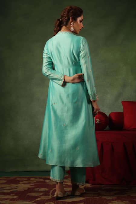 Shop_Label Niti Bothra_Blue Chanderi Silk Sequins, Zari, Embroidery Zardozi Leaf Kurta And Pant _at_Aza_Fashions