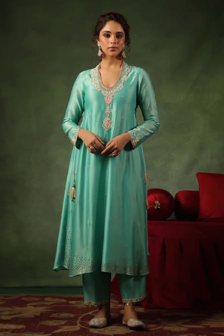 Label Niti Bothra_Blue Chanderi Silk Sequins, Zari, Embroidery Zardozi Leaf Kurta And Pant _Online_at_Aza_Fashions