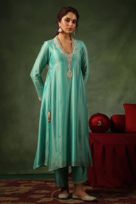 Buy_Label Niti Bothra_Blue Chanderi Silk Sequins, Zari, Embroidery Zardozi Leaf Kurta And Pant _Online_at_Aza_Fashions