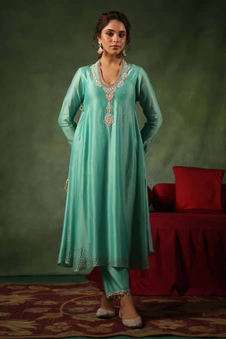 Shop_Label Niti Bothra_Blue Chanderi Silk Sequins, Zari, Embroidery Zardozi Leaf Kurta And Pant _Online_at_Aza_Fashions