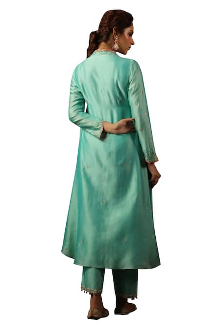 Label Niti Bothra Blue Chanderi Silk Sequins, Zari, Embroidery Zardozi Leaf Kurta And Pant at Aza Fashions Label Niti Bothra_Blue Chanderi Silk Sequins, Zari, Embroidery Zardozi Leaf Kurta And Pant _at_Aza_Fashions