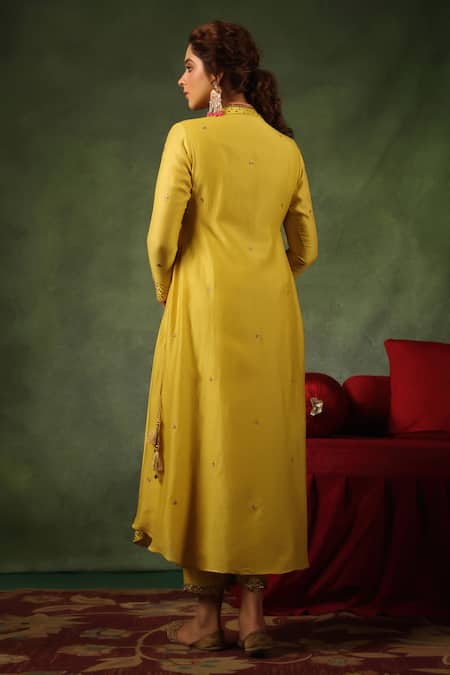 Shop_Label Niti Bothra_Yellow Chanderi Silk Sequins, Zari, Embroidery Round Zardozi Kurta And Pant Set _at_Aza_Fashions