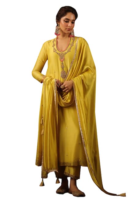 Buy Label Niti Bothra Yellow Chanderi Silk Sequins, Zari, Embroidery Round Zardozi Kurta And Pant Set Buy_Label Niti Bothra_Yellow Chanderi Silk Sequins, Zari, Embroidery Round Zardozi Kurta And Pant Set
