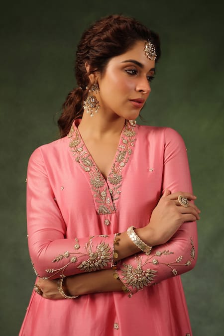 Shop_Label Niti Bothra_Pink Chanderi Silk Zari, Sequins, Embroidery V-neck Phool Zardozi Kurta And Pant _Online_at_Aza_Fashions