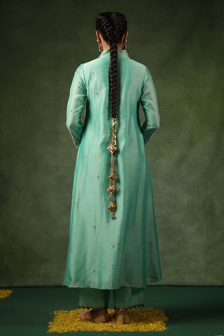 Shop_Label Niti Bothra_Blue Chanderi Silk Zari, Sequins, Embroidery V-neck, Collared Zardozi Kurta Set _at_Aza_Fashions