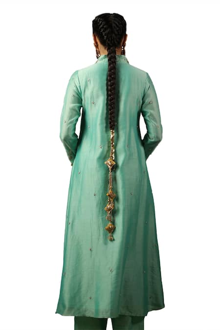 Label Niti Bothra Blue Chanderi Silk Zari, Sequins, Embroidery V-neck, Collared Zardozi Kurta Set Online at Aza Fashions Label Niti Bothra_Blue Chanderi Silk Zari, Sequins, Embroidery V-neck, Collared Zardozi Kurta Set _Online_at_Aza_Fashions