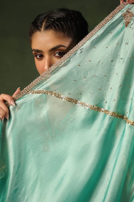 Shop_Label Niti Bothra_Blue Chanderi Silk Zari, Sequins, Embroidery V-neck, Collared Zardozi Kurta Set 