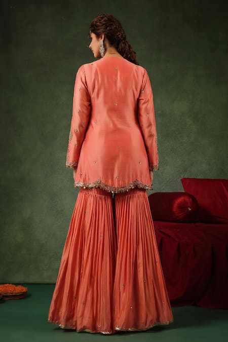 Shop_Label Niti Bothra_Peach Chanderi Silk Sequins, Zari Round Floral Embroidered Kurta Sharara Set _at_Aza_Fashions