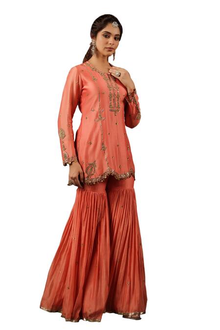 Shop Label Niti Bothra Peach Chanderi Silk Sequins, Zari Round Floral Embroidered Kurta Sharara Set Online at Aza Fashions Shop_Label Niti Bothra_Peach Chanderi Silk Sequins, Zari Round Floral Embroidered Kurta Sharara Set _Online_at_Aza_Fashions