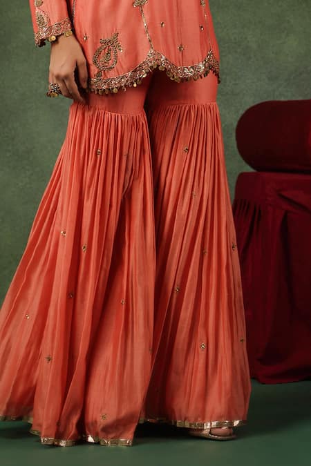 Label Niti Bothra Peach Chanderi Silk Sequins, Zari Round Floral Embroidered Kurta Sharara Set at Aza Fashions Label Niti Bothra_Peach Chanderi Silk Sequins, Zari Round Floral Embroidered Kurta Sharara Set _at_Aza_Fashions