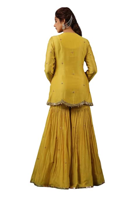 Label Niti Bothra_Yellow Chanderi Silk Embroidery, Zari, Sequins Floral Stripe Kurta Sharara Set _Online_at_Aza_Fashions