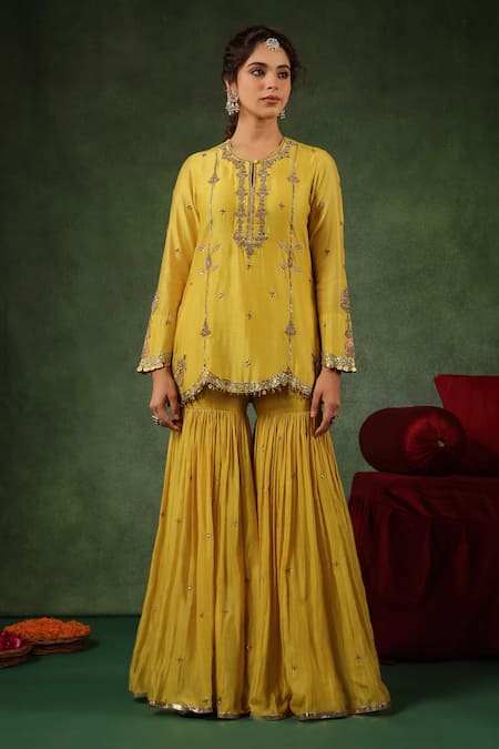 Buy_Label Niti Bothra_Yellow Chanderi Silk Embroidery, Zari, Sequins Floral Stripe Kurta Sharara Set _Online_at_Aza_Fashions