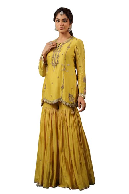 Label Niti Bothra_Yellow Chanderi Silk Embroidery, Zari, Sequins Floral Stripe Kurta Sharara Set _at_Aza_Fashions