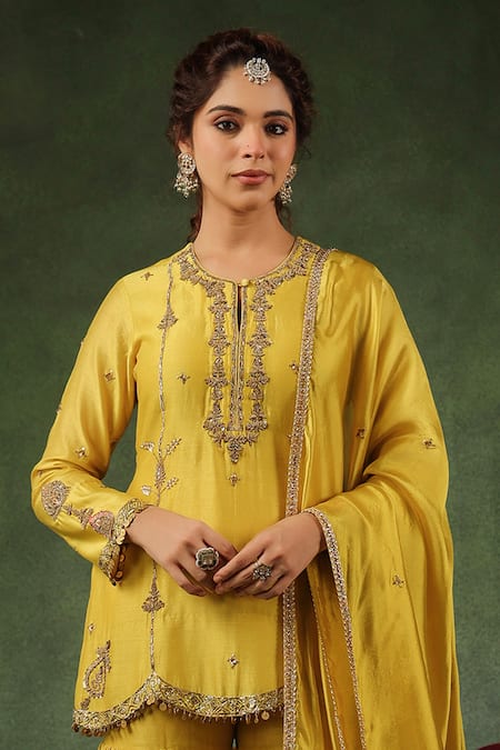 Buy_Label Niti Bothra_Yellow Chanderi Silk Embroidery, Zari, Sequins Floral Stripe Kurta Sharara Set 