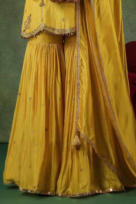 Shop_Label Niti Bothra_Yellow Chanderi Silk Embroidery, Zari, Sequins Floral Stripe Kurta Sharara Set 