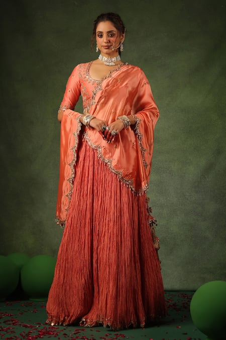 Label Niti Bothra Peach Chanderi Silk Embroidery Zardozi Scoop Neck Lehenga Set 