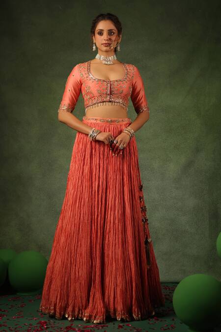 Label Niti Bothra_Peach Chanderi Silk Pearls, Sequins, Embroidery Scoop Neck Zardozi Lehenga Set _Online_at_Aza_Fashions
