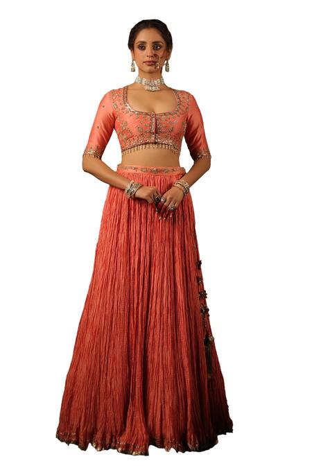 Buy_Label Niti Bothra_Peach Chanderi Silk Pearls, Sequins, Embroidery Scoop Neck Zardozi Lehenga Set _Online_at_Aza_Fashions