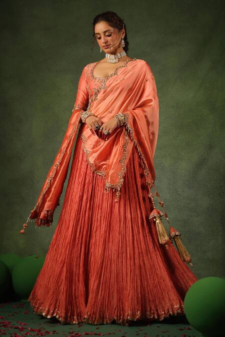 Shop_Label Niti Bothra_Peach Chanderi Silk Pearls, Sequins, Embroidery Scoop Neck Zardozi Lehenga Set _Online_at_Aza_Fashions