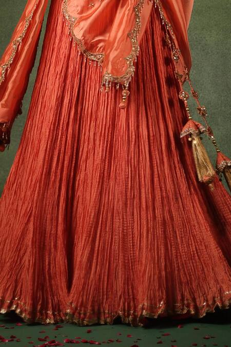 Label Niti Bothra_Peach Chanderi Silk Pearls, Sequins, Embroidery Scoop Neck Zardozi Lehenga Set _at_Aza_Fashions